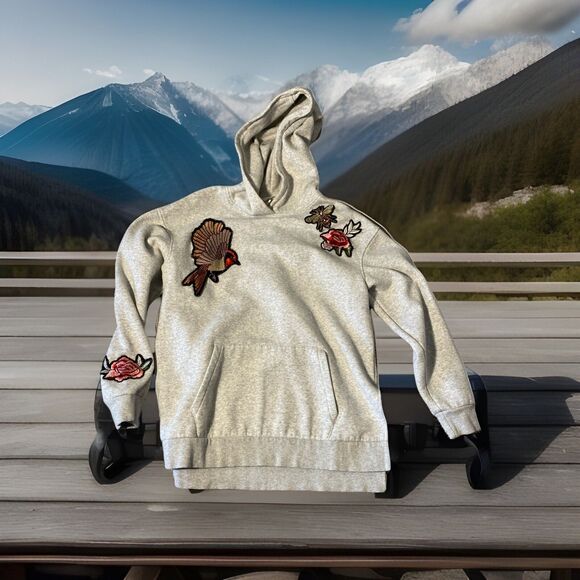 H&M‎ Gray Butterfly Hooded Sweatshirt Women's Large Bird Flower Patches Boho - Picture 1 of 6